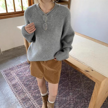 欧美跨境新款圆领插肩长袖卷边套头毛衣女大码简约休闲厚套头衫女