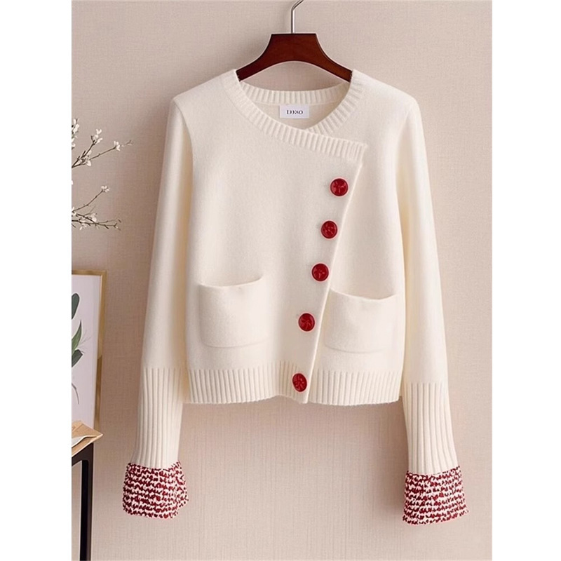 White Stitching Sweater Women's Spring and Autumn Knitted Cardigan Super Good to See through Unique Foreign-style Design Chic Top