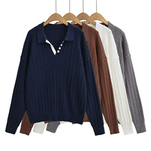 2024秋款韩系穿搭减龄翻领麻花毛衣+高腰抽绳半身裤裙针织两件套