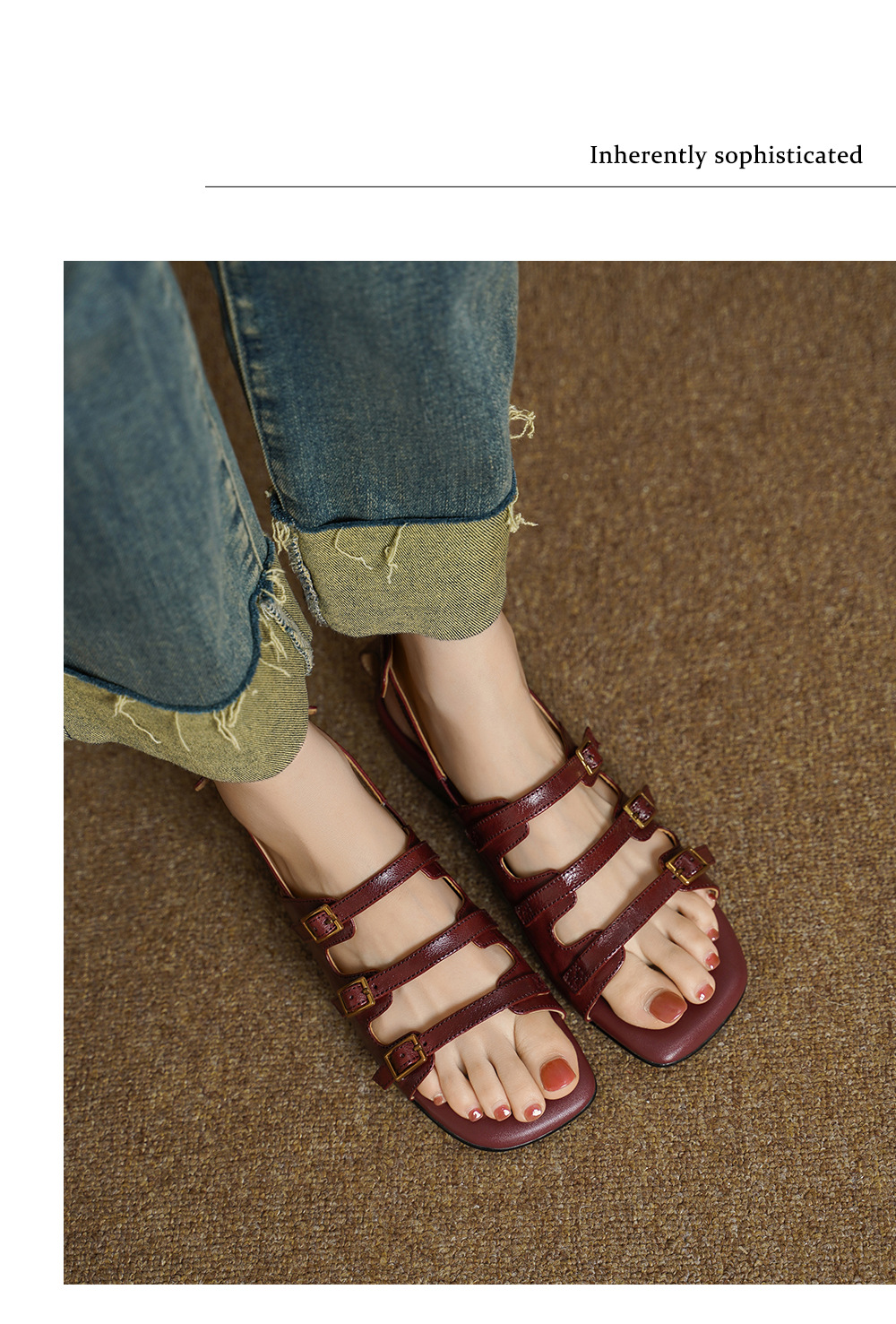 Sandal nữ hở mũi đầu vuông cổ điển quai ngang khóa cài gót thấp — màu be chi tiết 6