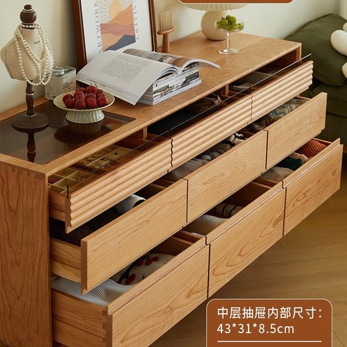 Solid Wood Nine Drawers Chest of Drawers Cherry Wood Nordic Retro Small Apartment Bedroom Bedside Living Room Storage Drawer Side Cabinet 