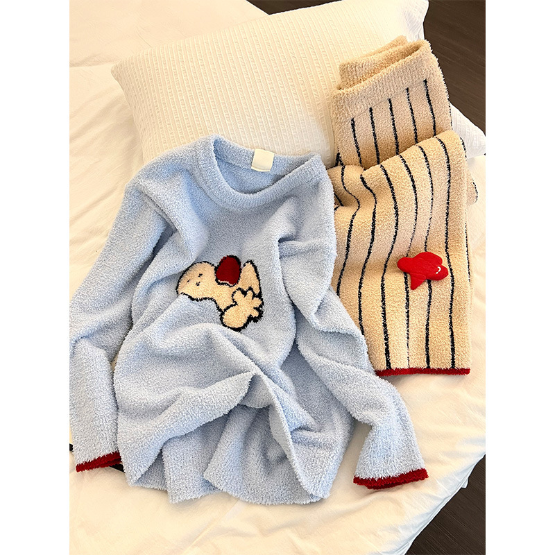 卡通印花少女半边绒睡衣女冬季新款家居服条纹长裤加厚保暖两件套|undefined