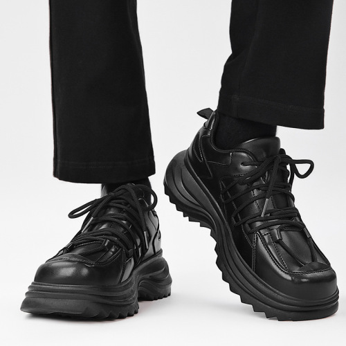 Men's Casual Thick-Heeled Leather-Look Fall Shoes with Thick Heel Increase, Low Top Laced Sporty Trendy Black Shoes