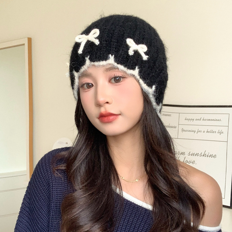 日系百搭蝴蝶结针织毛线帽子女秋冬休闲防风保暖包头帽显脸小冷帽|undefined