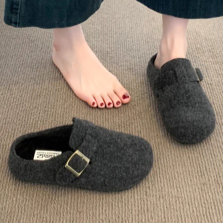 Gray Felt Birkenstock Shoes Half-Flop Women's 2025 New Autumn and Winter Fleece-Lined Slip-On Lazy Outer Wear Baotou Cotton Slippers