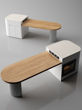 圆弧形实木原木桌面岩板中岛台餐桌一体可伸缩餐厅家用多功能导台