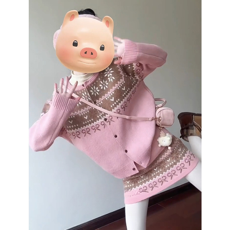 慵懒风粉色提花毛衣针织半身裙套装女春季新款宽松上衣短裙两件套|undefined