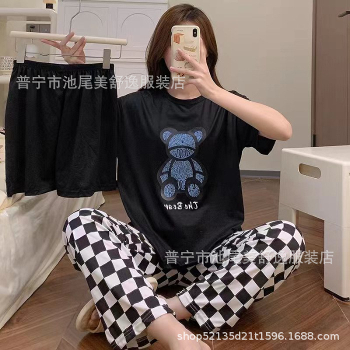 Pajamasクロスボーダー外国貿易工場卸売パジャマ女性半袖ショートパンツ長ズボン三点セット漫画ホームスーツ|undefined