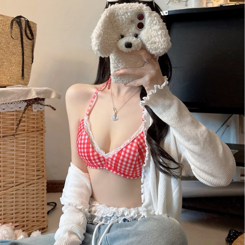 Seaside Pure Desire Plaid Halter Neck Backless Strapless Bra with Tie-Up Strapless Tube Top Short Outerwear Bra for Girls Seaside Pure Desire Plaid Halter Neck Backless Strapless Bra with Tie-Up Strapless Tube Top Short Outerwear Bra for Girls