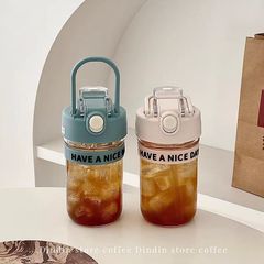 Summer High-End Ins Glass Cup New Portable Handle Double Drink Cup Heatproof Coffee Straw Cup Wholesale