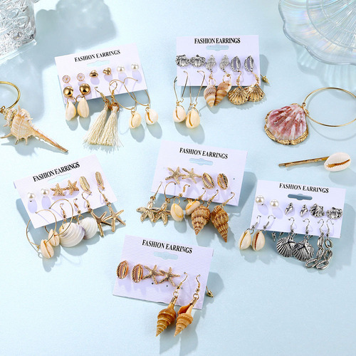Muse Fashion Gold and Silver Shell Natural Scalloped Earstud Set New Creative Earring Set Cross-border Hot Item MS036