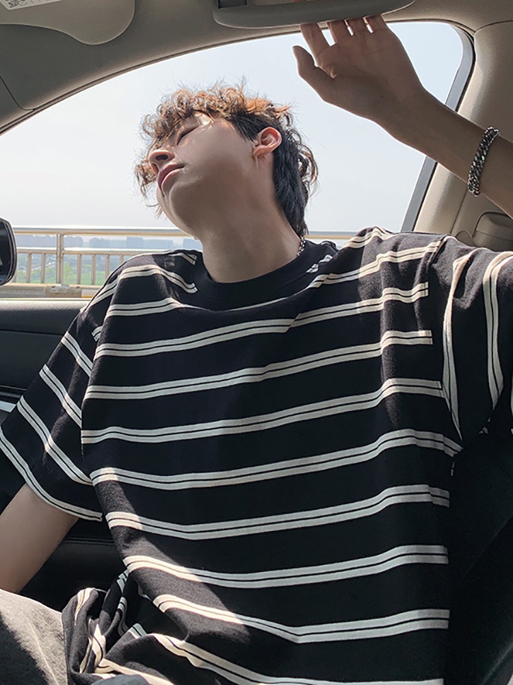 Contrast Color Striped Short-sleeved T-shirt Men's Summer Japanese Style Retro Trendy Ins All-match Round Neck Casual Half-sleeve T-shirt for Teenagers