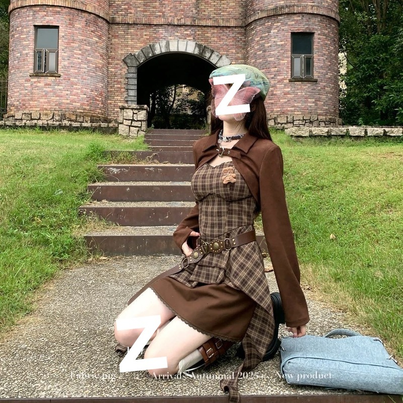 川西回忆 复古咖色格纹吊带连衣裙女秋季 短款裙子腰带一个蝴蝶结|undefined
