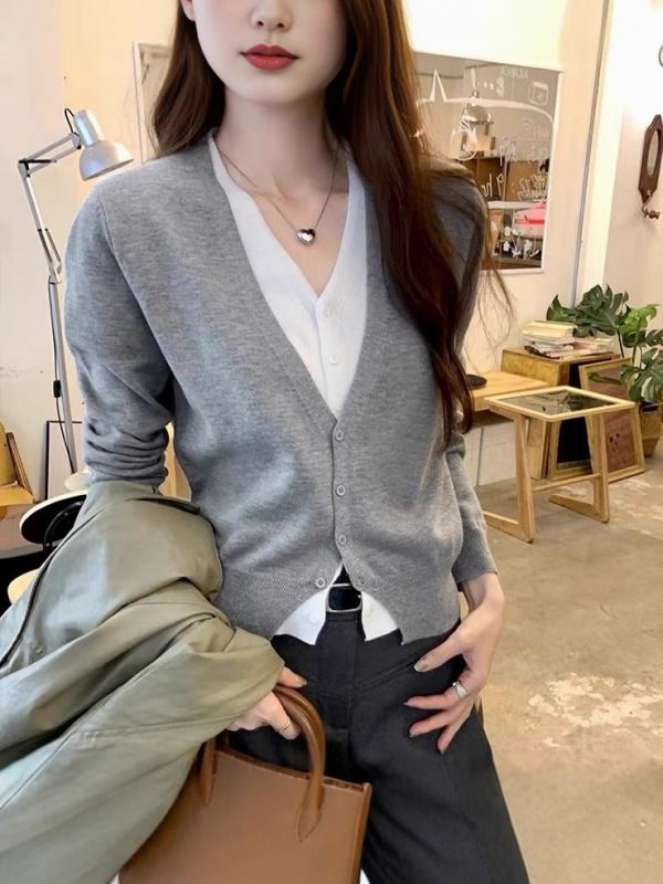 V领假两件针织开衫女春秋季设计感内搭气质毛衣短款长袖外套上衣|undefined