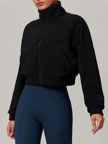 Autumn and winter temperament stand-neck sports coat, long-sleeved, figure-fitting, all-matching, polar velvet large pockets, loose casual top