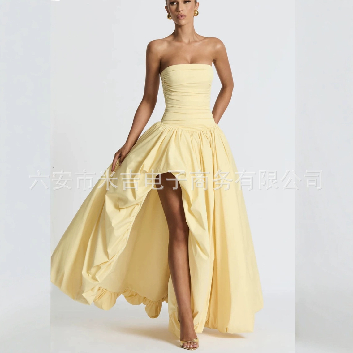 2025 Winter New European and American Cross-Border Women's Tube Top Slit Lace-Up Pure Color Elegant Fashion Dress Dress