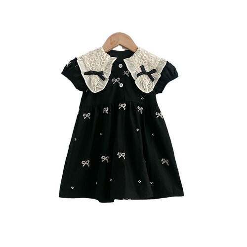 Korean version girls' summer short-sleeve infant onesie with butterfly collar, embroidered dress for little girls, sister set