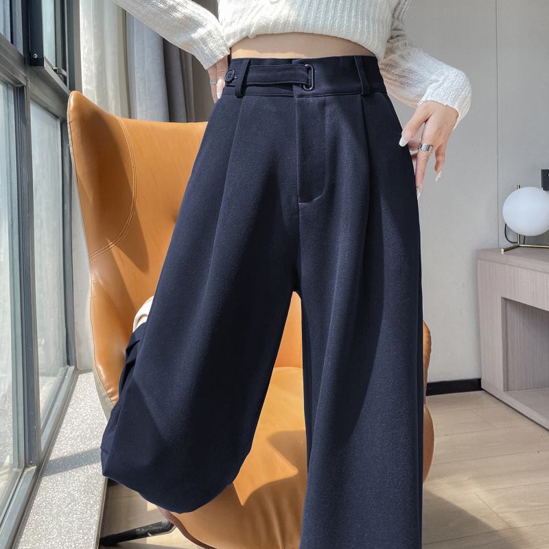 深蓝色竹节软牛仔裤女2025秋季新款高腰直筒垂感宽松阔腿裤拖地裤|undefined