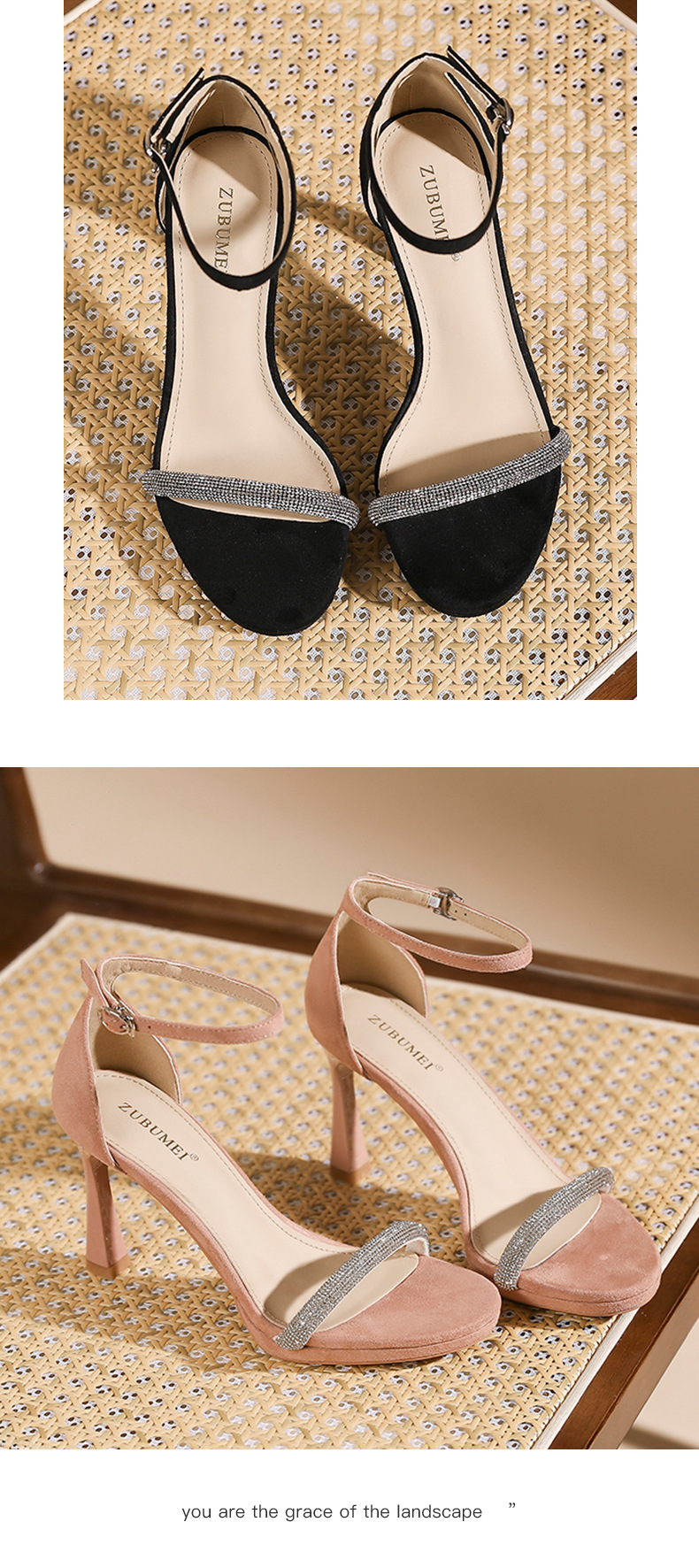 Sandal cao gót nữ quai ngang đính đá mũi nhọn gót 9 cm — màu hồng nude chi tiết 8