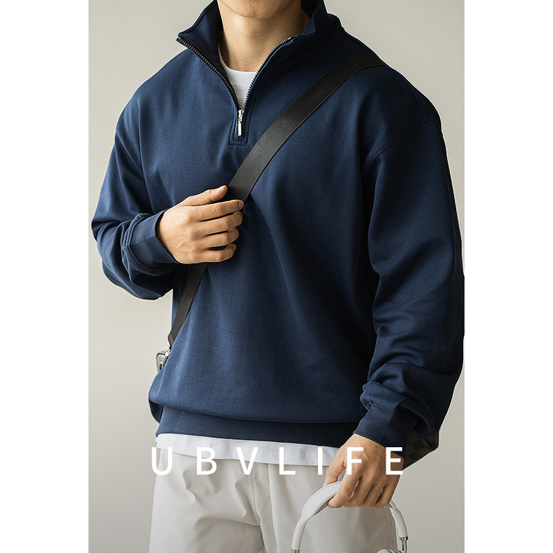American Style Casual Air Layer Cotton Half Zip Long Sleeve T-shirt Men's 2025 Spring Sports Commuting Loose Sweatshirt