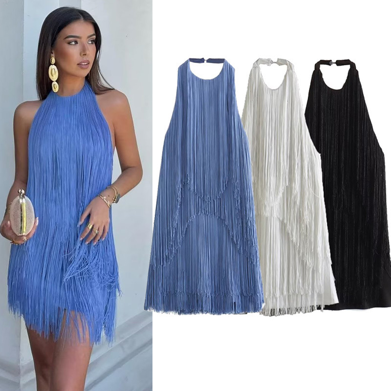 ZA cross-border foreign trade wholesale european and american women's clothing summer elegant fashion halter sleeveless tassel skirt dress
