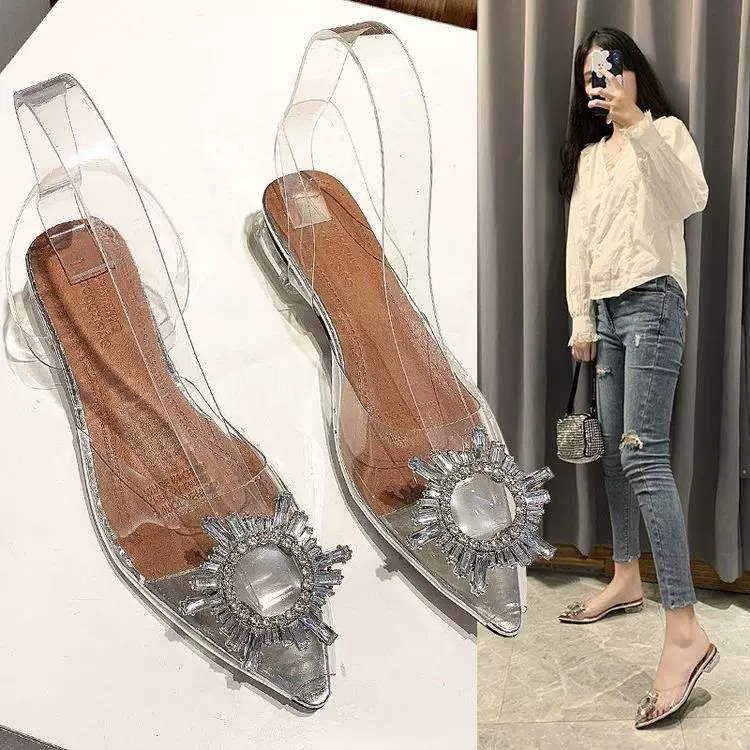 Сандалии на каблуке с заостренным принтом женский 2024 весна и лето новые прозрачные хрустальные туфли на плоском каблуке тапочки