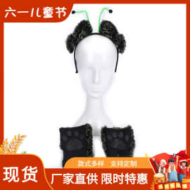 欧美万圣节舞台演出套装 毛茸茸黑绿色头箍套装带手套尾巴