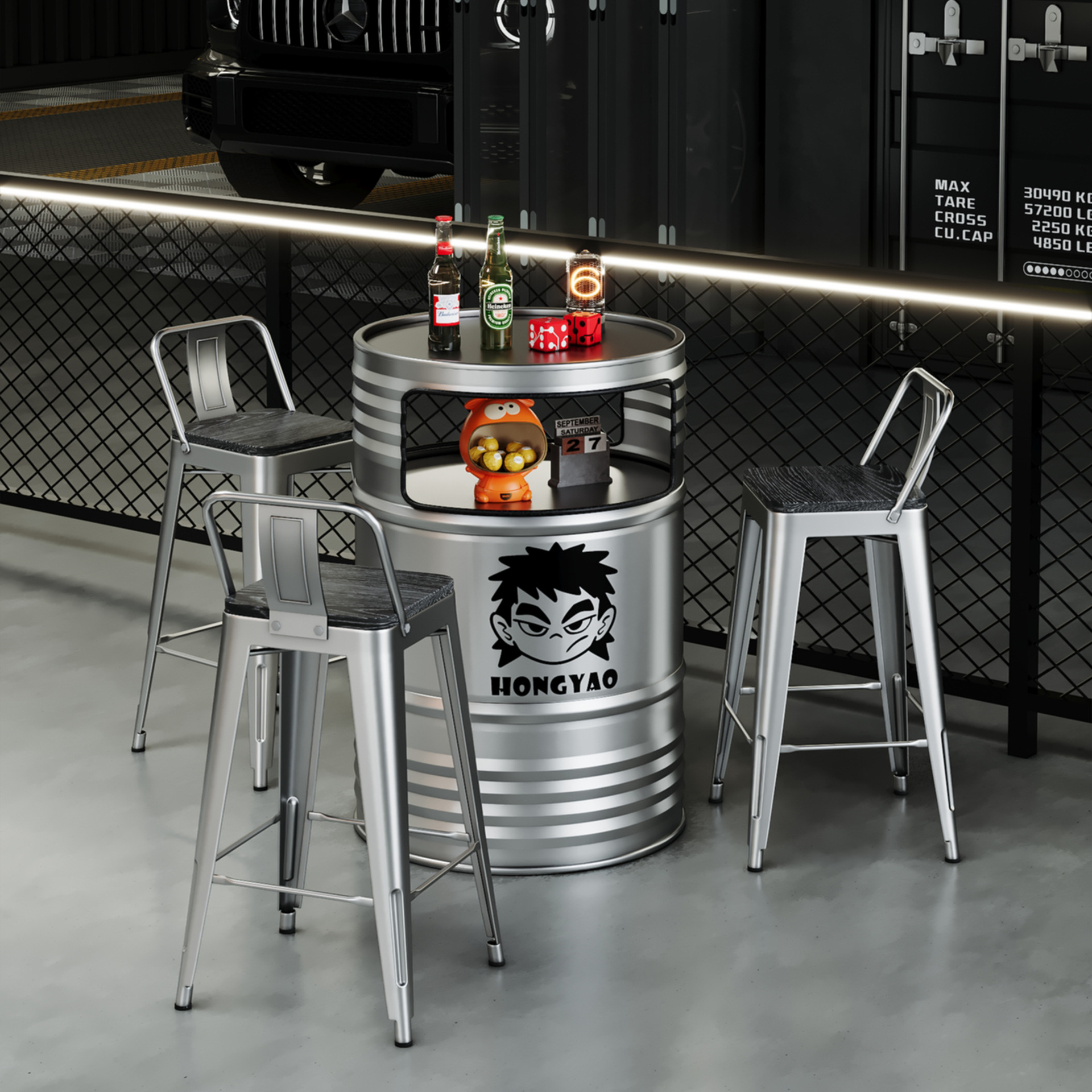 Industrial Style Bar Oil Barrel Scattered Table and Chair Creative Outdoor Rest Area Commercial Iron High Table and Chair Combination