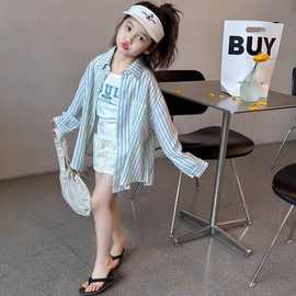 女童衬衫夏季女孩防晒衣外套2025新款中大童韩版洋气休闲条纹上衣