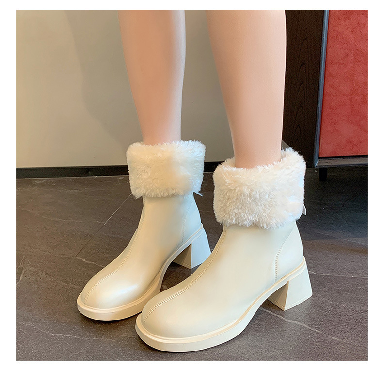 Women’s White Ankle Boots With Velvet Lining And Block Heels_voghion.com