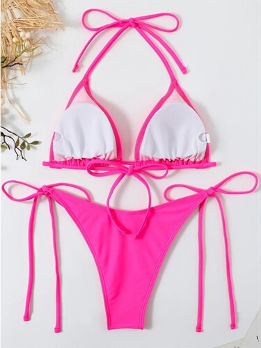 Solid color lace-up back bikini set