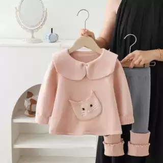 女童套装卡通猫咪新款韩版针织外套可爱宝宝毛衣打底裤两件套