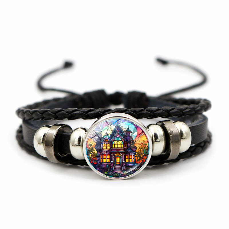 Pulseira de couro em torno do castelo de Halloween, corda de mão com contas de tecelagem masculina, festival fantasma, joias de cabeça de caveira_voghion.com