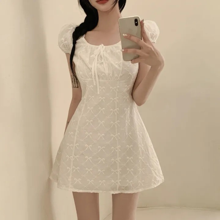 Summer retro small design elegant cute dress with bow