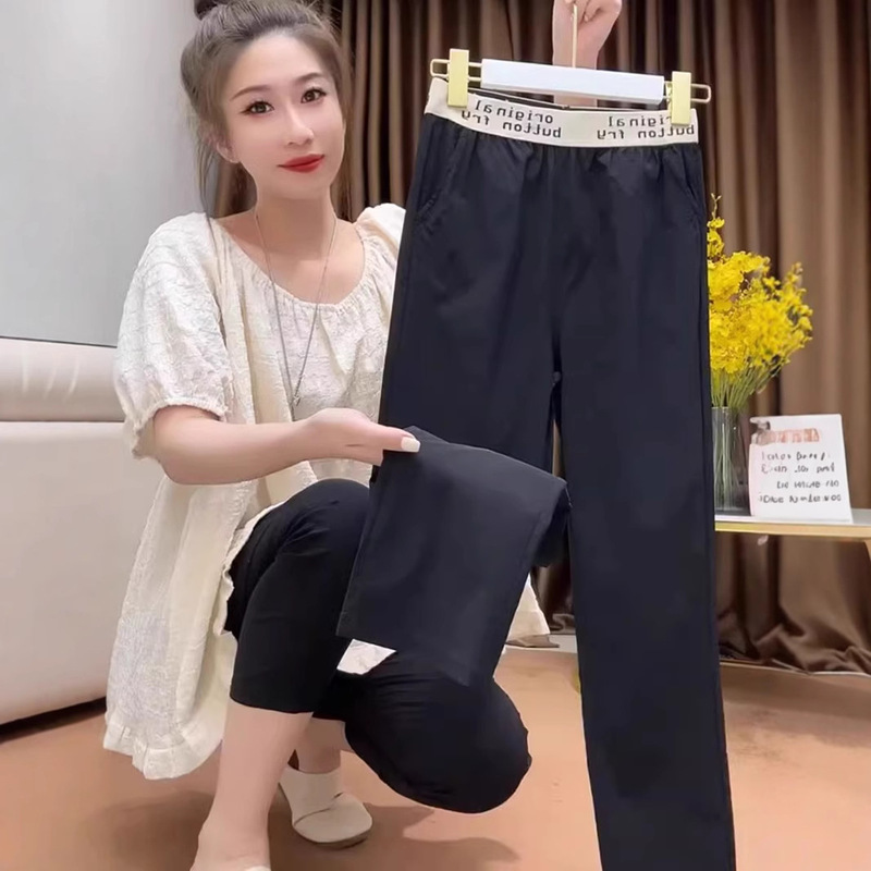 European letter elastic waist paper leather pants women's summer thin high waist slimming black straight pipe pants quick-drying mask pants