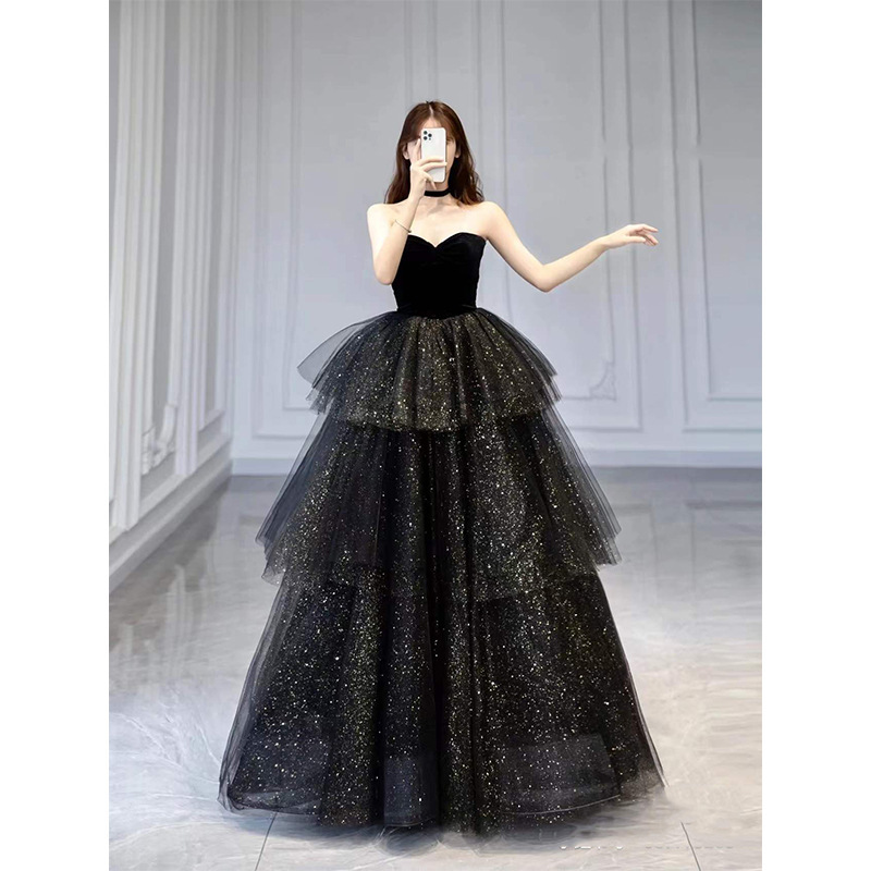 Nuevo vestido de torta de pecho negro vestido de noche de mujer de lujo ligero temperamento de lujo pequeño vestido de fiesta de cumpleaños image 1