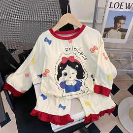 儿童纯棉睡衣女童春秋季薄款长袖女孩宝宝可爱公主简约家居服套装