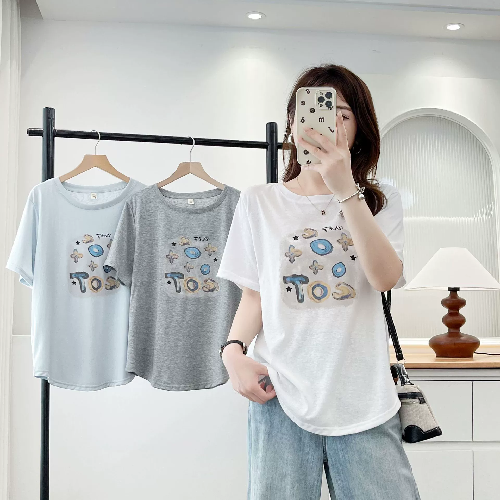 Большие размеры, хлопковая снежинка с короткими рукавами, летняя новая повседневная модная свободная футболка в корейском стиле с простым принтом 2518