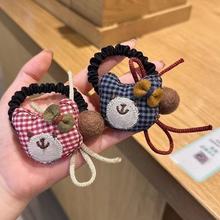 可爱格子小熊蝴蝶结绑带小肠发圈发绳女高弹力头绳简约高马尾皮筋