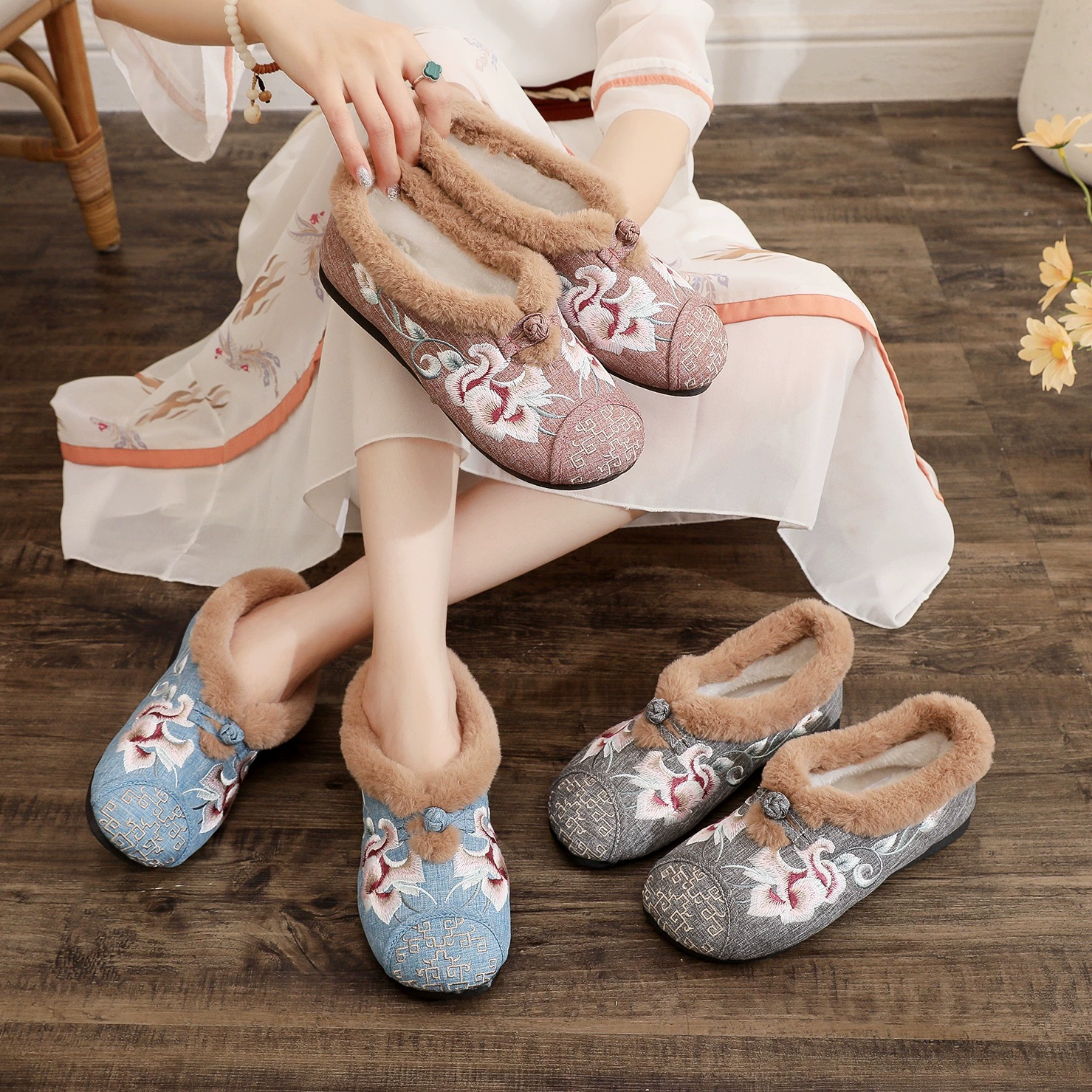 [Yayun] 2024, зимняя плюшевая модная тканевая обувь с круглым носком и вышивкой, осенне-зимняя хлопковая женская обувь без шнуровки