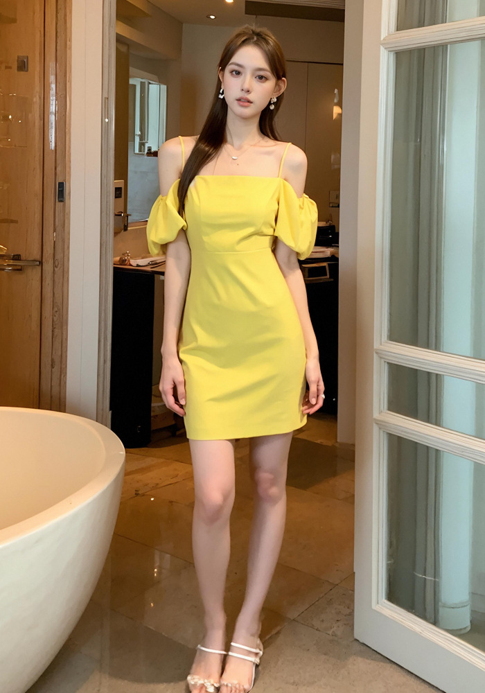 Váy lửng nữ kiểu Pháp cổ ngang vai tay lồng đèn ôm dáng — Màu vàng chi tiết 1