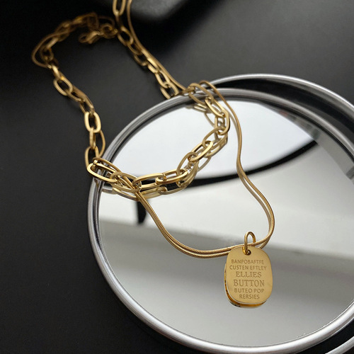 Titanium Steel Non-fading Square Metal Necklace Women's Minority Design Double Layer Overlap Clavicle Chain Cool Style Accessories 
