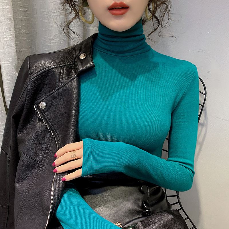 Velvet and Thickeneded Pile Collar Bottoming Shirt for Women in Autumn and Winter with European Goods 2023 Trendy Tight-Fitting Brushed Turtleneck T-Shirt