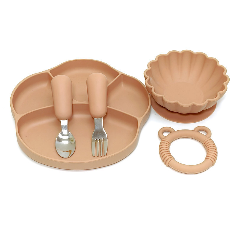 Baby's Dinner Plate Baby Suction Plate Split Dinner Plate Silicone Children's Tableware Eating Training Fork Spoon Feeding Supplementary Spoon