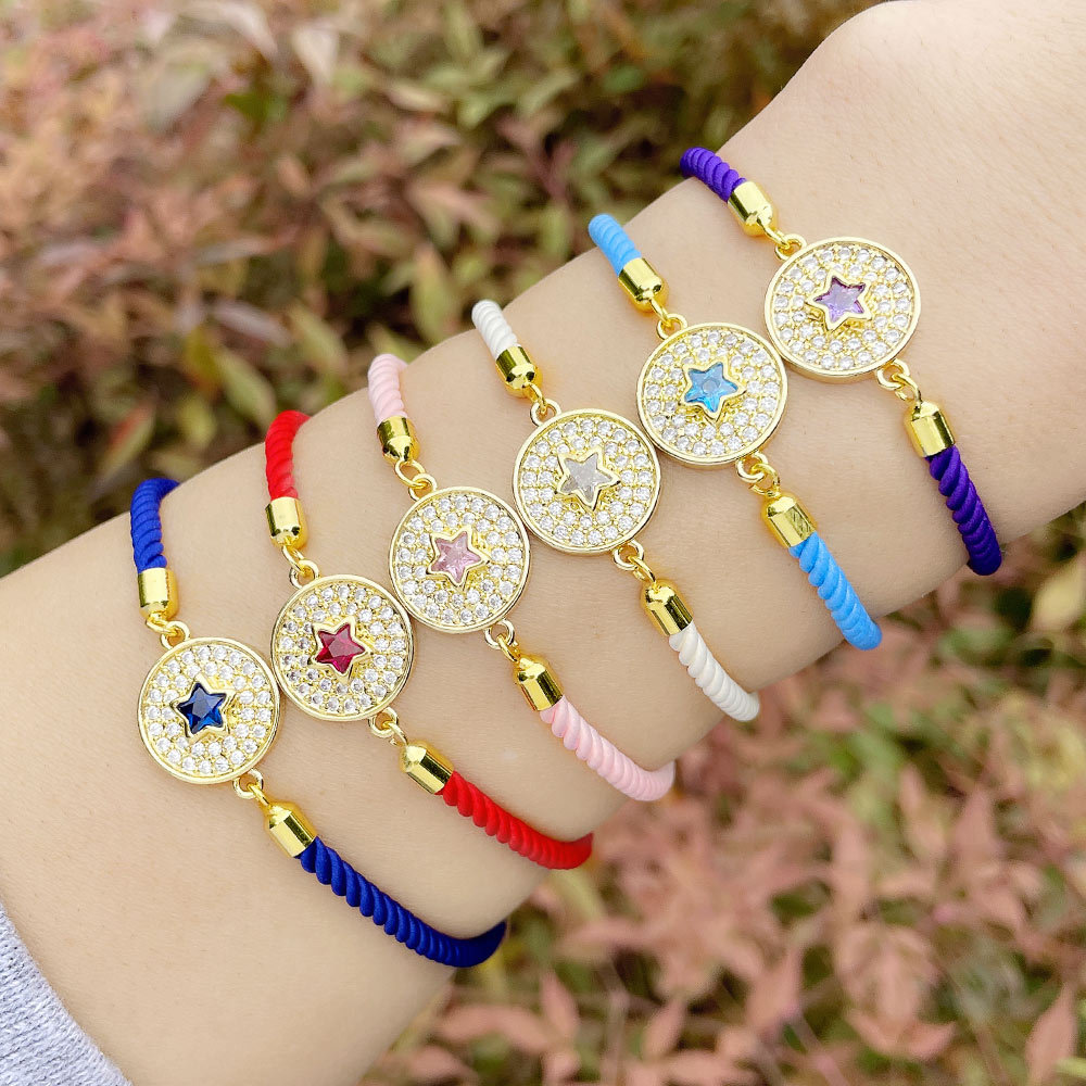 Simple Contrast Color Copper 18K Gold-plated Inlaid Zircon round Five-Pointed Star Bracelet