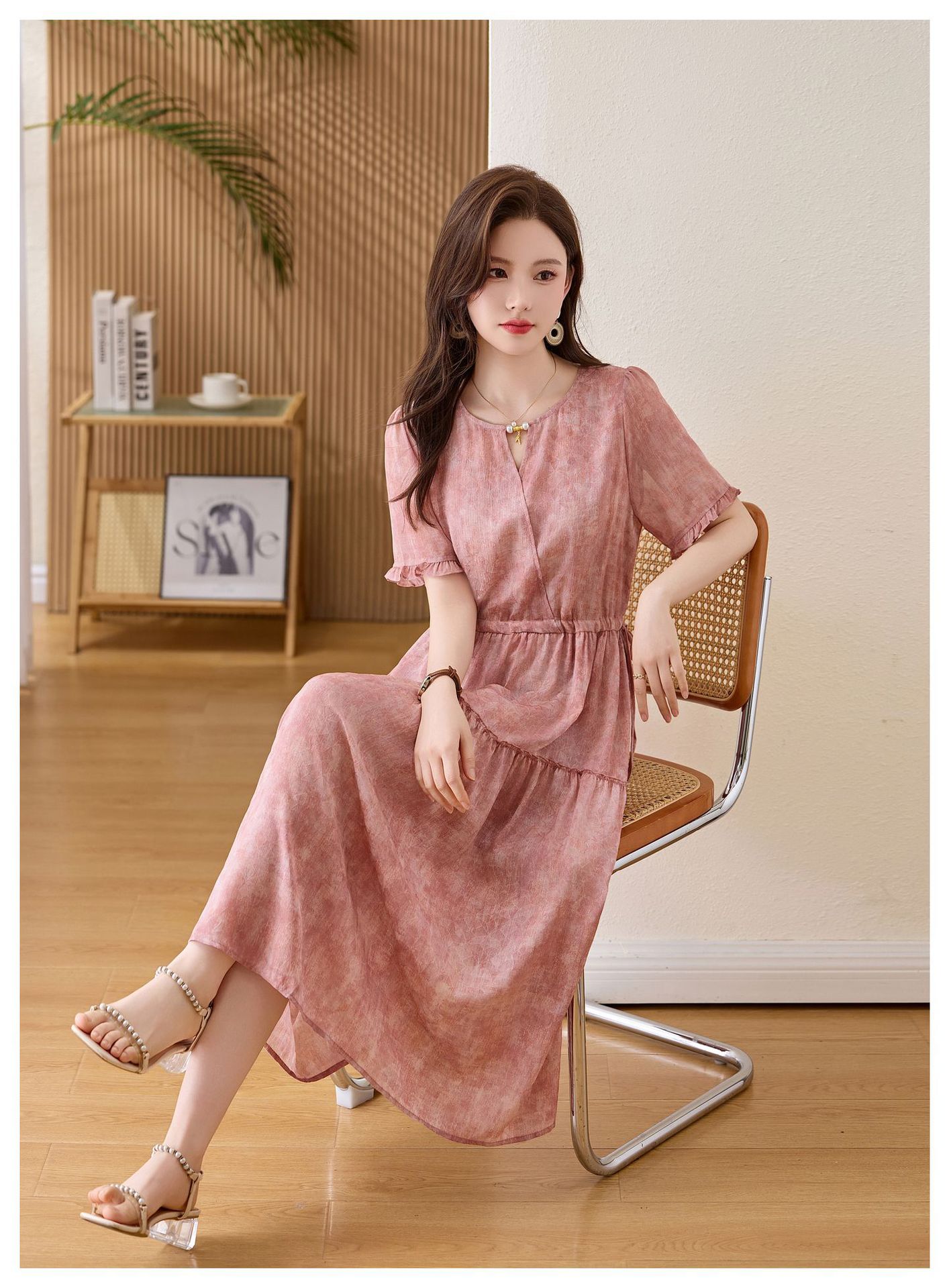 Đầm maxi nữ thắt eo cổ V tay ngắn họa tiết hoa dáng dài GT8207 — xanh lam, Màu hồng chi tiết 26