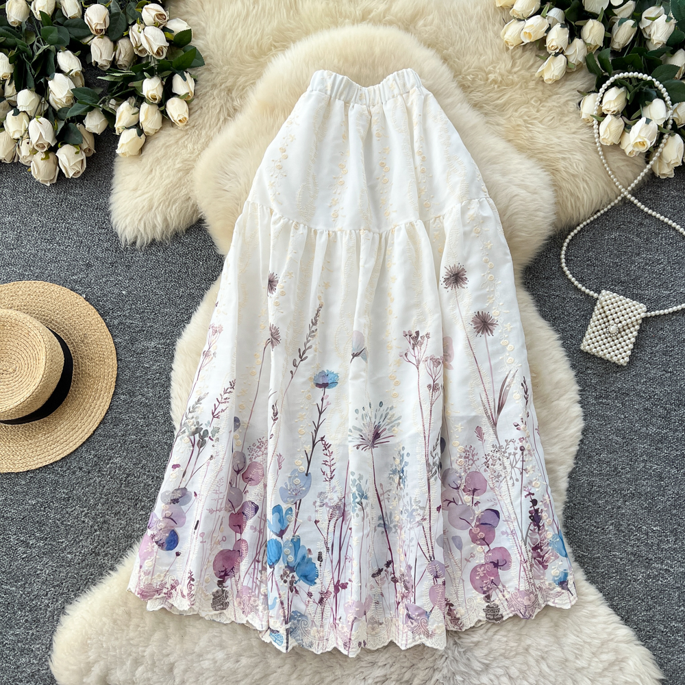 Women's French Sweet Style Floral Print Patchwork A-Line Midi Skirt High Waist Slimming mid Length Summer Fairy like Cake Skirt_ecoleips.com