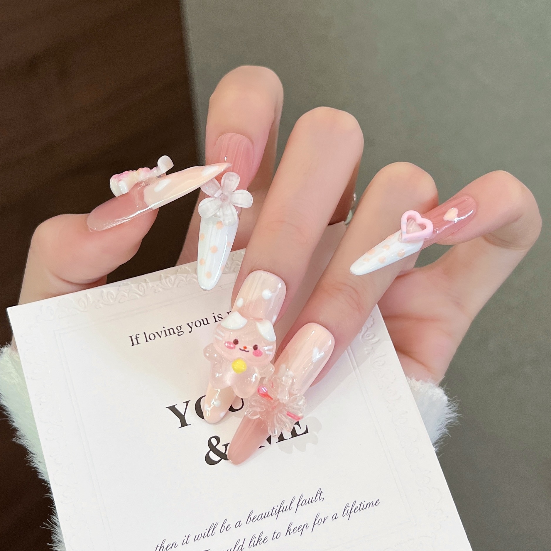 Caricatura encantadora larga mano de uñas hechas a mano pura mano de los estudiantes de uñas de uñas pegatinas desmontables
