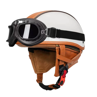 Motosiklet kaskı (dəbilqə) | Scoop Helmet Adult Handmade Leather Helmet - bright-white-orange-peel-black-frame-mirror-s