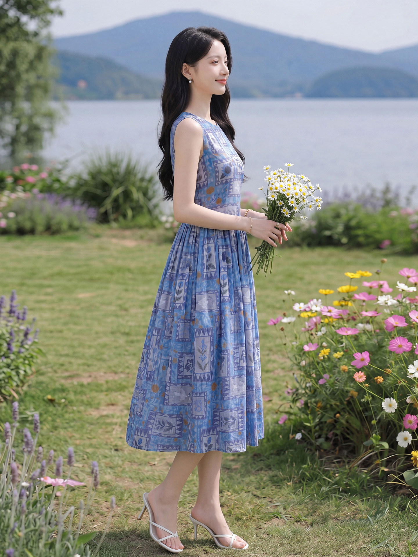 Đầm maxi nữ họa tiết hoa nhí không tay cổ tròn dáng suông thắt eo — Màu ảnh